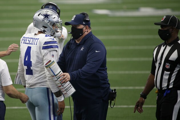 Dallas Cowboys' Dak Prescott (4) is checked on by head coach Mike McCarthy after taking a hit from the Atlanta Falcons in the second half of an NFL football game in Arlington, Texas, Sunday, Sept. 20, 2020. (AP Photo/Ron Jenkins)