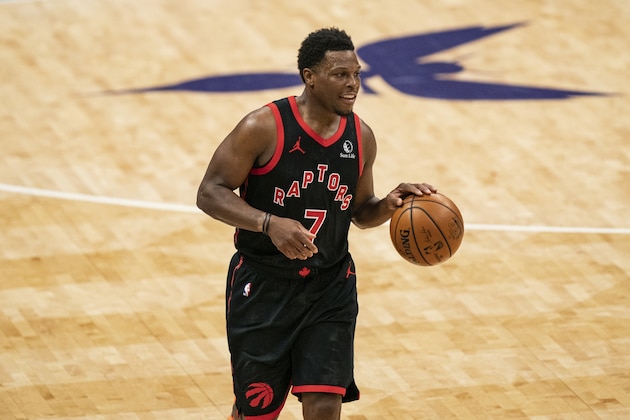 Toronto Raptors guard Kyle Lowry (7) brings the ball up court against the Charlotte Hornets during the second half of an NBA basketball game in Charlotte, N.C., Saturday, March 13, 2021. (AP Photo/Jacob Kupferman)