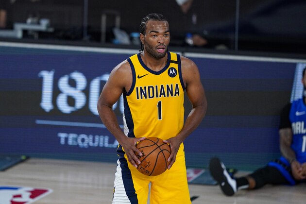 Indiana Pacers forward T.J. Warren (1) plays against the Orlando Magic during the first half of an NBA basketball game Tuesday, Aug. 4, 2020 in Lake Buena Vista, Fla. (AP Photo/Ashley Landis)