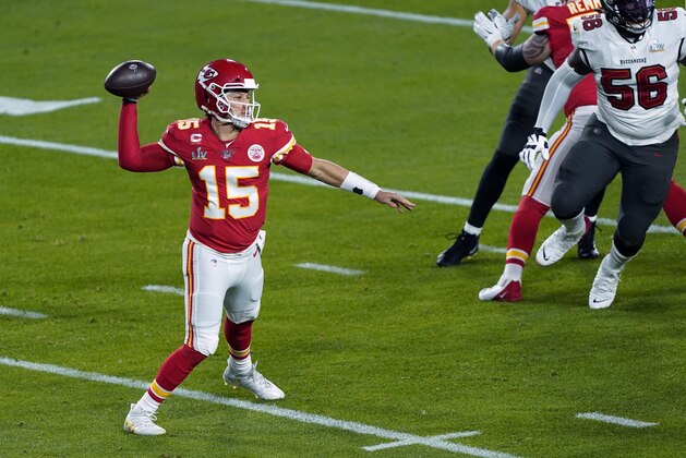 Kansas City Chiefs quarterback Patrick Mahomes (15) during the NFL Super Bowl 55 football game against the Tampa Bay Buccaneers Sunday, Feb. 7, 2021, in Tampa, Fla. (AP Photo/Jason Behnken)