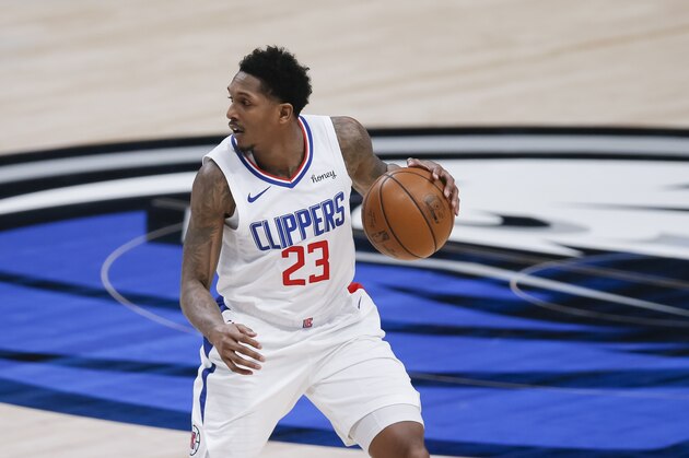 Los Angeles Clippers guard Lou Williams (23) during an NBA basketball game against the Dallas Mavericks, Monday, March 15, 2021, in Dallas. Los Angels won 109-99. (AP Photo/Brandon Wade)