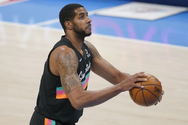 San Antonio Spurs center LaMarcus Aldridge (12) during an NBA basketball game against the Oklahoma City Thunder, Wednesday, Feb. 24, 2021, in Oklahoma City. (AP Photo/Sue Ogrocki)