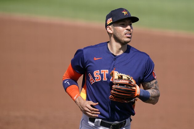 Houston Astros shortstop Carlos Correa in action during a spring training baseball game against the Miami Marlins, Friday, March 5, 2021, in Jupiter, Fla. (AP Photo/Lynne Sladky)