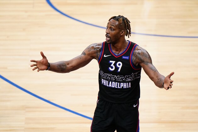 Philadelphia 76ers' Dwight Howard plays during an NBA basketball game against the Milwaukee Bucks, Wednesday, March 17, 2021, in Philadelphia. (AP Photo/Matt Slocum)