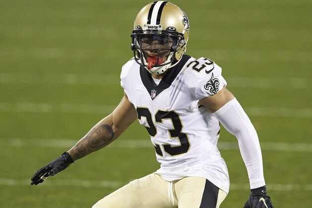 New Orleans Saints cornerback Marshon Lattimore (23) during an NFL football game against the Carolina Panthers, Sunday, Jan. 3, 2021, in Charlotte, N.C. (AP Photo/Brian Westerholt)