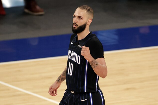 Orlando Magic guard Evan Fournier (10) reacts against the New York Knicks during the second half of an NBA basketball game Thursday, March 18, 2021, in New York. (AP Photo/Adam Hunger, Pool)