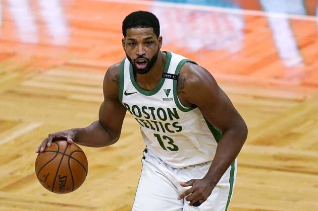 Boston Celtics forward Tristan Thompson (13) during the second half of an NBA basketball game, Thursday, March 4, 2021, in Boston. (AP Photo/Charles Krupa)
