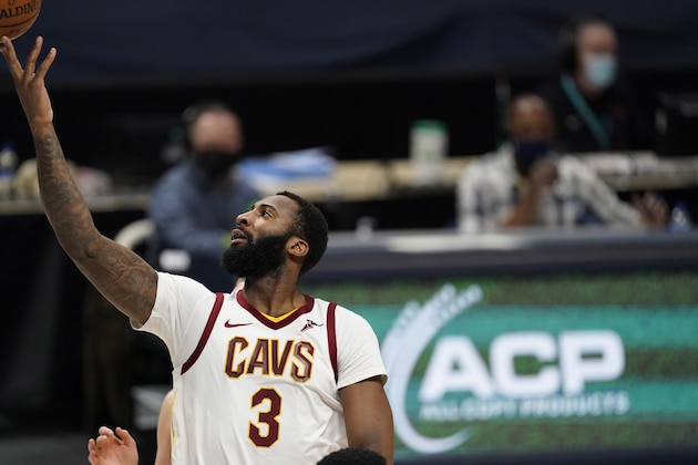 Cleveland Cavaliers center Andre Drummond (3) in the second half of an NBA basketball game Wednesday, Feb. 10, 2021, in Denver. (AP Photo/David Zalubowski)