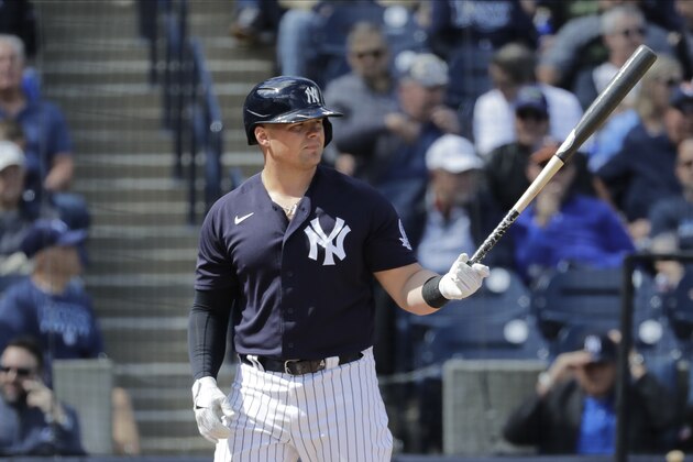 New York Yankees' Luke Voit during the third inning of a spring training baseball game against the Tampa Bay Rays Thursday, Feb. 27, 2020, in Tampa, Fla. (AP Photo/Frank Franklin II)