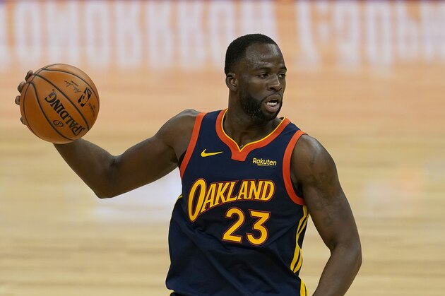 Golden State Warriors forward Draymond Green (23) against the Philadelphia 76ers during an NBA basketball game in San Francisco, Tuesday, March 23, 2021. (AP Photo/Jeff Chiu)