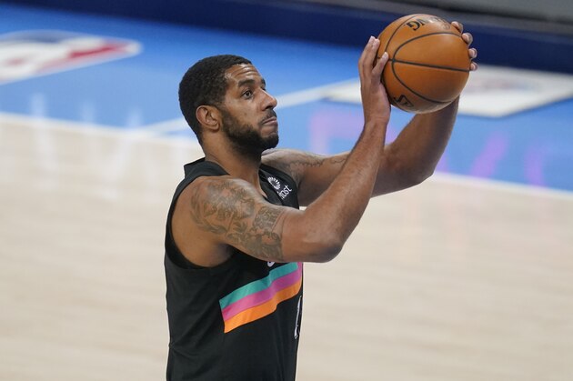 San Antonio Spurs center LaMarcus Aldridge (12) during an NBA basketball game against the Oklahoma City Thunder, Wednesday, Feb. 24, 2021, in Oklahoma City. (AP Photo/Sue Ogrocki)