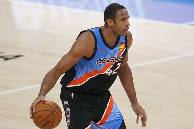 Oklahoma City Thunder center Al Horford (42) during an NBA basketball game against the Denver Nuggets, Saturday, Feb. 27, 2021, in Oklahoma City. (AP Photo/Sue Ogrocki)
