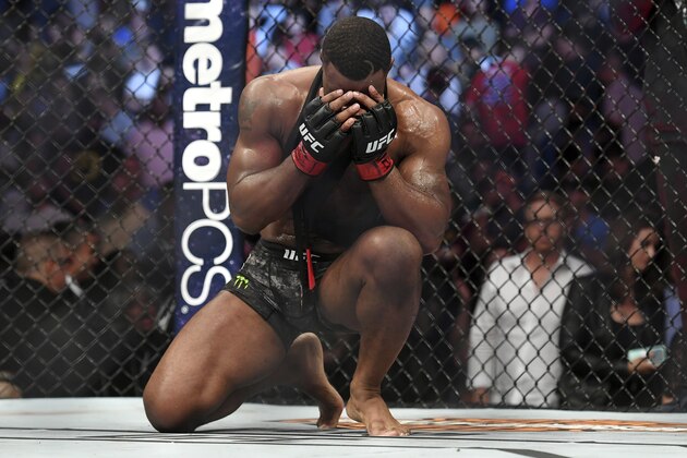 Tyron Woodley reacts after defeating Darren Till by submission in their welterweight title mixed martial arts bout at UFC 228 on Saturday, Sept. 8, 2018, in Dallas. (AP Photo/Jeffrey McWhorter)