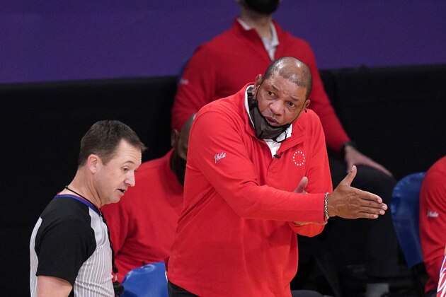 Philadelphia 76ers Doc Rivers, right, talks to a referee during the second half of an NBA basketball game against the Los Angeles Lakers Thursday, March 25, 2021, in Los Angeles. The 76ers won 109-101. (AP Photo/Mark J. Terrill)