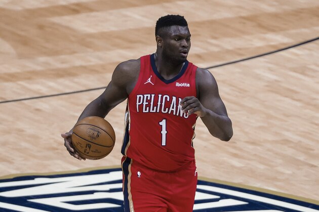 New Orleans Pelicans forward Zion Williamson (1) against the Dallas Mavericks in the third quarter of an NBA basketball game in New Orleans, Saturday, March 27, 2021. (AP Photo/Derick Hingle)