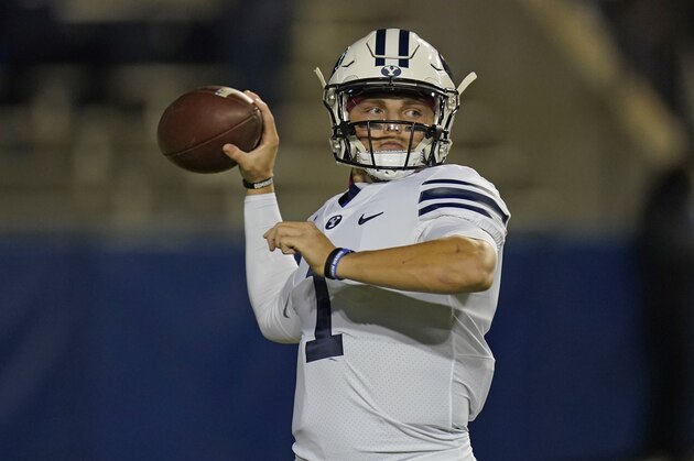 BYU quarterback Zach Wilson (1) warms ups during an NCAA college football game against Western Kentucky Saturday, Oct. 31, 2020, in Provo, Utah. (AP Photo/Rick Bowmer, Pool)