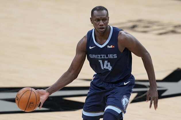 Memphis Grizzlies center Gorgui Dieng (14) during an NBA basketball game against the San Antonio Spurs in San Antonio, Monday, Feb. 1, 2021. (AP Photo/Eric Gay)