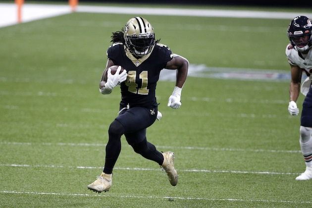 New Orleans Saints running back Alvin Kamara (41) carries in the second half of an NFL wild-card playoff football game against the Chicago Bears in New Orleans, Sunday, Jan. 10, 2021. (AP Photo/Butch Dill) New Orleans Saints running back Alvin Kamara (41) carries in the second half of an NFL wild-card playoff football game against the Chicago Bears in New Orleans, Sunday, Jan. 10, 2021. (AP Photo/Butch Dill)
