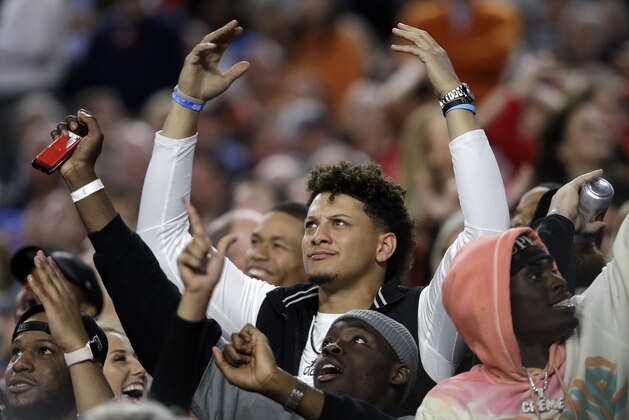 Kansas City Chiefs quarterback Patrick Mahomes reacts during the second half of the championship of the Final Four NCAA college basketball tournament between Texas Tech and Virginia, Monday, April 8, 2019, in Minneapolis.(AP Photo/David J. Phillip)