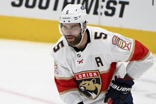 Florida Panthers defenseman Aaron Ekblad (5) during the first period of an NHL hockey game against the Dallas Stars in Dallas, Saturday, March 27, 2021. The Florida Panthers won in overtime, 4-3. (AP Photo/Matt Strasen)