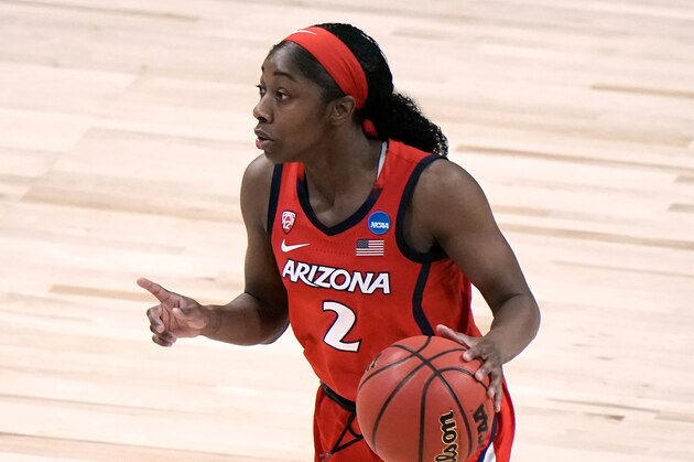 Arizona's Aari McDonald dribbles during the the first half of an NCAA college basketball game against Texas A&M in the Sweet 16 round of the Women's NCAA tournament Saturday, March 27, 2021, at the Alamodome in San Antonio. (AP Photo/Morry Gash)