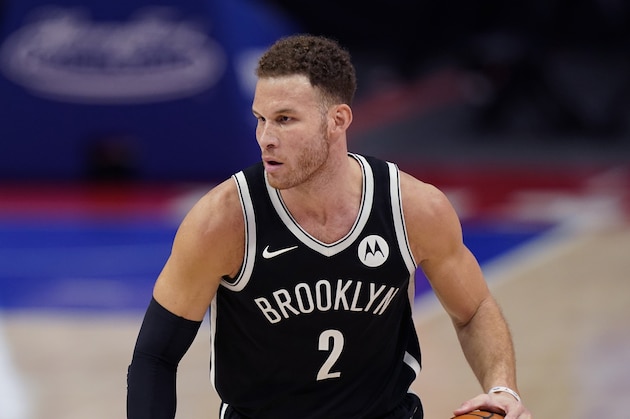 Brooklyn Nets forward Blake Griffin plays during the first half of an NBA basketball game, Friday, March 26, 2021, in Detroit. (AP Photo/Carlos Osorio)