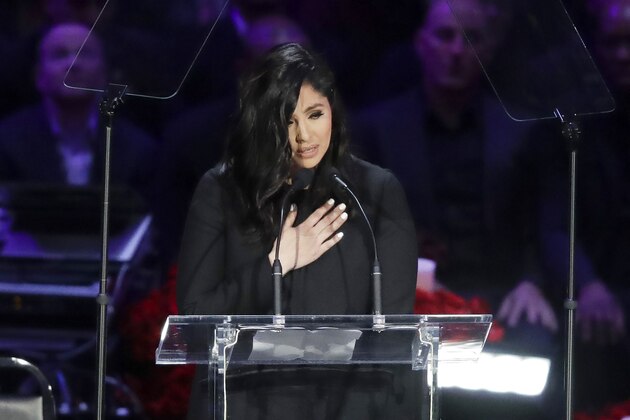FILE - In this Feb. 24, 2020, file photo, Vanessa Bryant speaks during a celebration of life for her husband Kobe Bryant and daughter Gianna in Los Angeles. Bryant on Tuesday, Sept. 22, 2020, filed a lawsuit against the Los Angeles County sheriff claiming negligence, invasion of privacy and intentional infliction of emotional distress after deputies allegedly shared unauthorized photos of the crash that killed her husband, their 13-year-old daughter and seven others. (AP Photo/Marcio Jose Sanchez, File)
