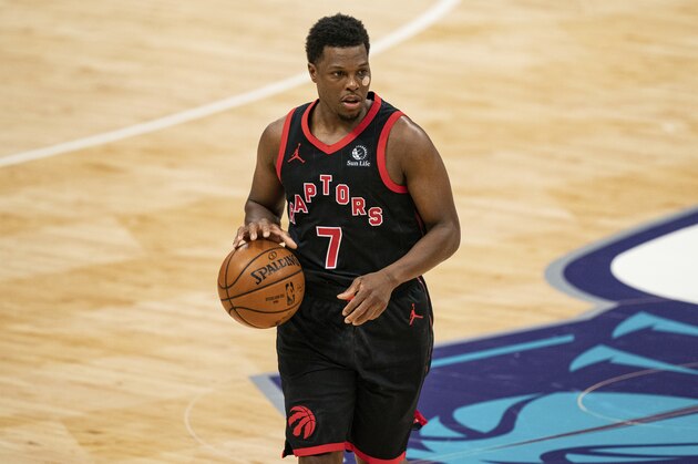 Toronto Raptors guard Kyle Lowry (7) brings the ball up court against the Charlotte Hornets during the second half of an NBA basketball game in Charlotte, N.C., Saturday, March 13, 2021. (AP Photo/Jacob Kupferman)