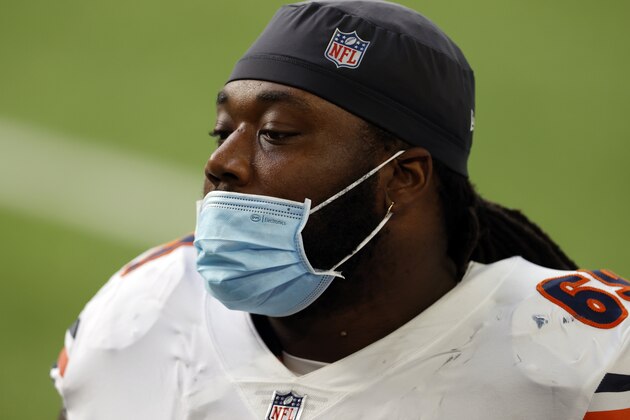 Chicago Bears offensive tackle Rashaad Coward (69) wears a facemask on the sidelines during an NFL football game against the Minnesota Vikings, Sunday, Dec. 20, 2020, in Minneapolis. (Jeff Haynes/AP Images for Panini)