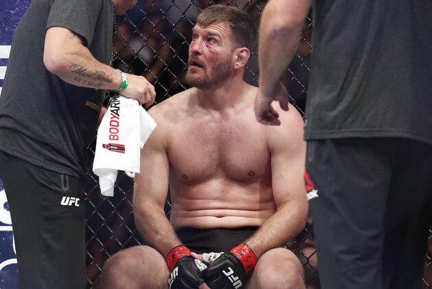 Stipe Miocic sits in his corner after losing to Daniel Cormier in a heavyweight title mixed martial arts bout at UFC 226, Saturday, July 7, 2018, in Las Vegas. (AP Photo/John Locher)
