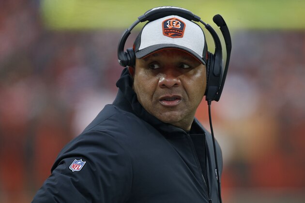 Cincinnati Bengals special assistant to the head coach Hue Jackson watches during the second half of an NFL football game against the Cleveland Browns, Sunday, Dec. 23, 2018, in Cleveland. (AP Photo/Ron Schwane)