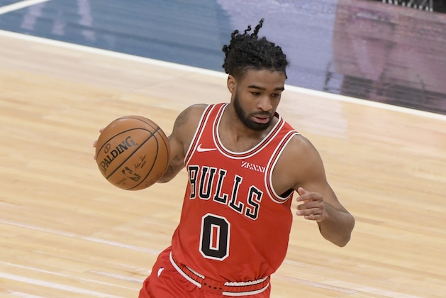 Chicago Bulls guard Coby White (0) during the first quarter of an NBA basketball game against the Oklahoma City Thunder in Chicago, Tuesday, March 16, 2021. (AP Photo/Mark Black)