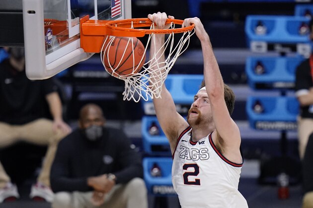 Gonzaga forward Drew Timme (2) dunks against Creighton in the second half of a Sweet 16 game in the NCAA men's college basketball tournament at Hinkle Fieldhouse in Indianapolis, Sunday, March 28, 2021. (AP Photo/AJ Mast)