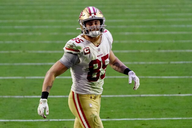 San Francisco 49ers tight end George Kittle (85) against the Seattle Seahawks during the second half of an NFL football game, Sunday, Jan. 3, 2021, in Glendale, Ariz. (AP Photo/Rick Scuteri)
