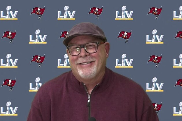 In this still image from video provided by the NFL, Tampa Bay Buccaneers head coach Bruce Arians speaks during Super Bowl 55 Opening Night, Monday, Feb. 1, 2021. (NFL via AP)