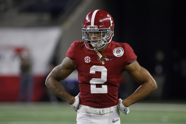 Alabama defensive back Patrick Surtain II (2) looks on against Notre Dame during the Rose Bowl NCAA college football game in Arlington, Texas, Friday, Jan. 1, 2021. (AP Photo/Ron Jenkins)
