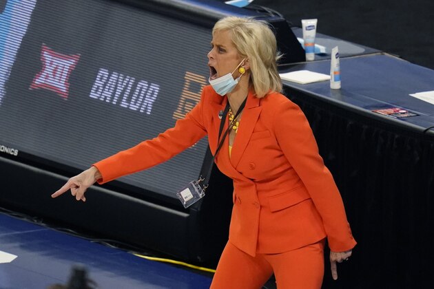 Baylor head coach Kim Mulkey calls to her players during the first half of a college basketball game against Michigan in the Sweet Sixteen round of the women's NCAA tournament at the Alamodome in San Antonio, Saturday, March 27, 2021. (AP Photo/Eric Gay)