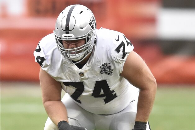 Las Vegas Raiders offensive tackle Kolton Miller (74) blocks during an NFL football game against the Cleveland Browns, Sunday, Nov. 1, 2020, in Cleveland. The Raiders won 16-6. (AP Photo/David Richard)