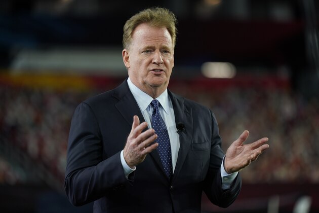 FILE - Commissioner Roger Goodell gestures during the NFL Honors ceremony as part of Super Bowl 55 in Tampa, Fla., in this Friday, Feb. 5, 2021, file photo. The NFL is increasing the regular season to 17 games, as expected, and reducing the preseason to three games. Team owners on Tuesday, March 30, 2021, approved the 17th game, marking the first time in 43 years the regular season has been increased.(AP Photo/Charlie Riedel, File)