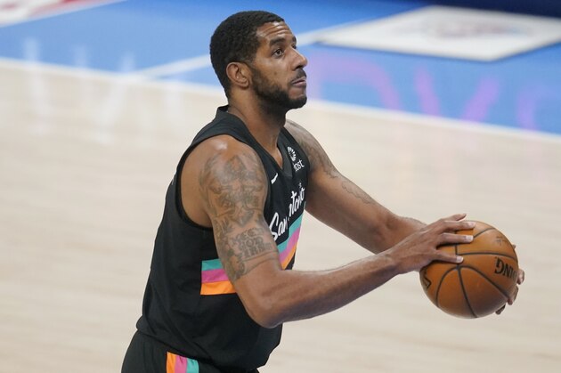 San Antonio Spurs center LaMarcus Aldridge (12) during an NBA basketball game against the Oklahoma City Thunder, Wednesday, Feb. 24, 2021, in Oklahoma City. (AP Photo/Sue Ogrocki)