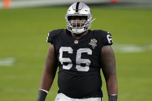 Las Vegas Raiders guard Gabe Jackson #66 prepares to line up against the Los Angeles Chargers during the first quarter in an NFL football game, Sunday, Dec. 13, 2020, in Las Vegas. (AP Photo/Jeff Bottari)