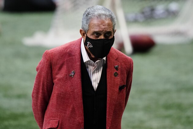 Atlanta Falcons owner Arthur Blank watches play during the second half of an NFL football game between the Atlanta Falcons and the Denver Broncos, Sunday, Nov. 8, 2020, in Atlanta. (AP Photo/Brynn Anderson)