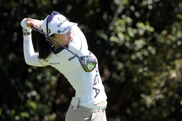 Jin Young Ko, of South Korea, hits a shot from the eighth tee during the first round of the Gainbridge LPGA golf tournament, Thursday, Feb. 25, 2021, in Orlando, Fla. (AP Photo/John Raoux)