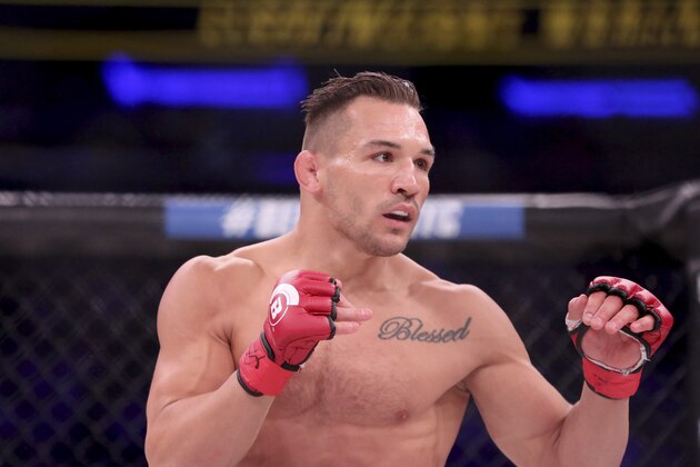 Michael Chandler in action against Brent Primus during their mixed martial arts bout for the lightweight title at Bellator 180 on Saturday, June 24, 2017, in New York. Primus won the title via first round doctor stoppage. (AP Photo/Gregory Payan)