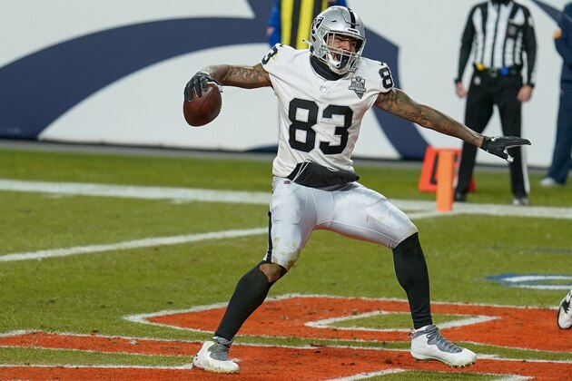 Las Vegas Raiders tight end Darren Waller (83) celebrates a two point conversion against the Denver Broncos during an NFL football game, Sunday, Jan. 3, 2021, in Denver. (AP Photo/Jack Dempsey)