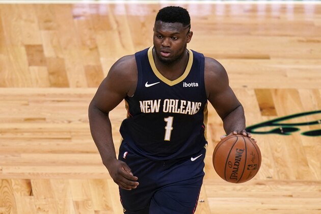 New Orleans Pelicans forward Zion Williamson (1) dribbles during the second half of an NBA basketball game, Monday, March 29, 2021, in Boston. (AP Photo/Charles Krupa)