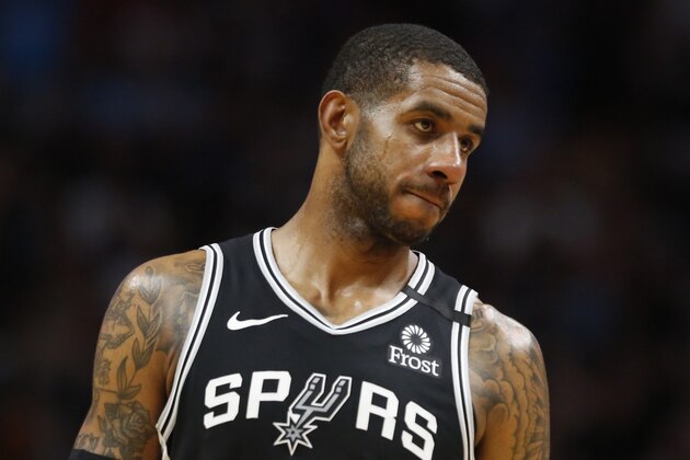San Antonio Spurs center LaMarcus Aldridge (12) in the second half of an NBA basketball game against the Wednesday, Jan. 15, 2020, in Miami, Fla. Heat win 106-100. (AP Photo/Brynn Anderson)