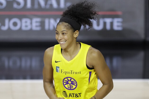 Los Angeles Sparks forward Candace Parker (3) during the second half of a WNBA basketball game against the New York Liberty Wednesday, Aug. 12, 2020, in Bradenton, Fla. (AP Photo/Chris O'Meara)