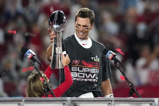 Tampa Bay Buccaneers quarterback Tom Brady celebrates after the NFL Super Bowl 55 football game against the Kansas City Chiefs, Sunday, Feb. 7, 2021, in Tampa, Fla. The Buccaneers defeated the Chiefs 31-9 to win the Super Bowl. (AP Photo/Ashley Landis)