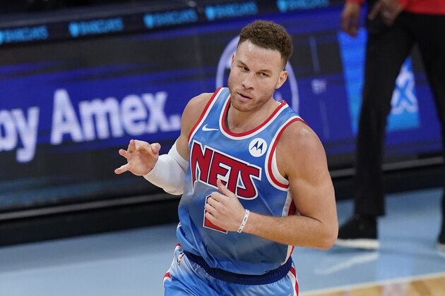 Brooklyn Nets' Blake Griffin gestures after making a 3-point basket during the second half of the team's NBA basketball game against the Houston Rockets on Wednesday, March 31, 2021, in New York. The Nets won 120-108. (AP Photo/Frank Franklin II)